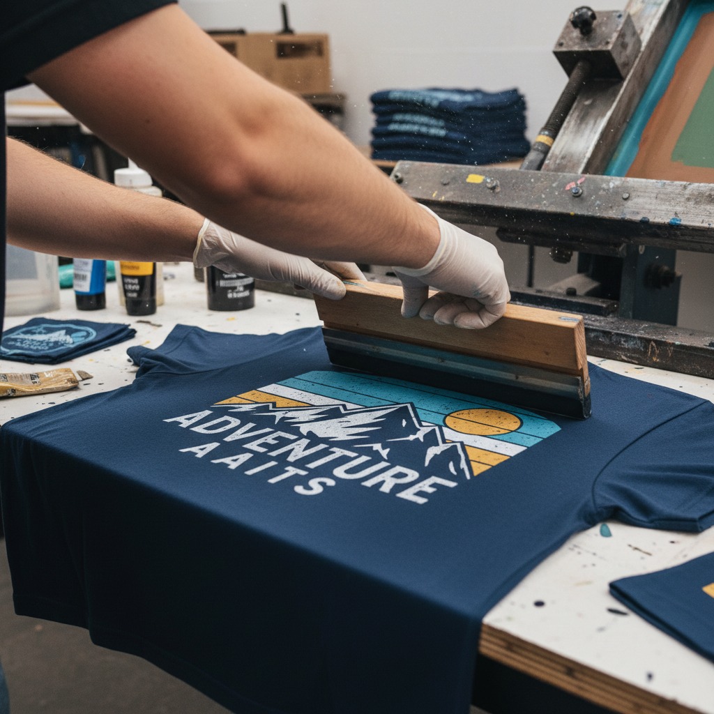 A gloved artisan uses a squeegee to screen print a graphic of mountains and the word "ADVENTURE AWAITS" onto a blue t-shirt.